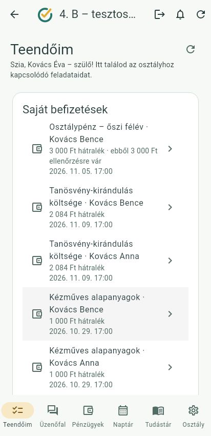 A KlasszApp valódi Teendőim képernyője mobilnézetben, a tesztosztály befizetési feladataival
